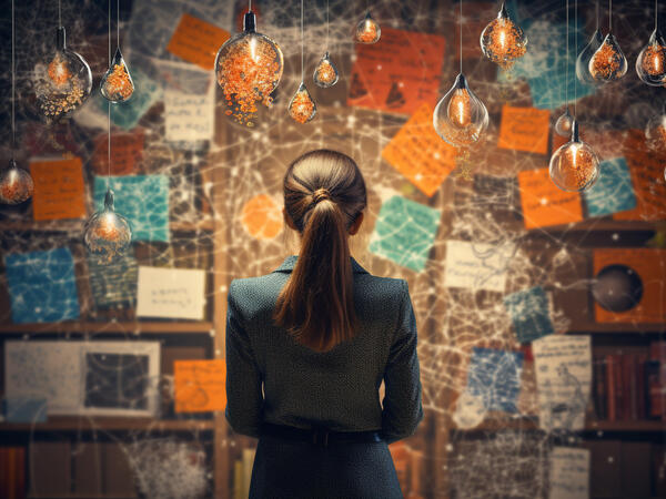 women looking at a wall with post it notes