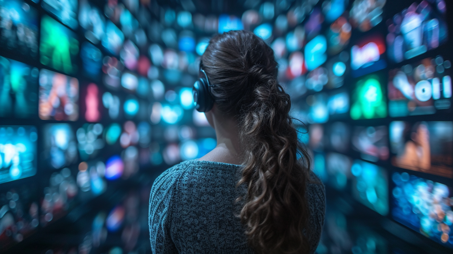 A teenage girl watching dozens of video monitors